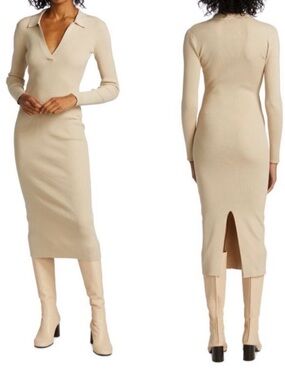 REVOLVE Le Superbe Ribbed Polo Midi Dress in Beige